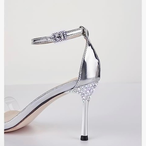 Women's Open Square‎ Toe Ankle Strap Clear Rhinestone Heeled Sand - Picture 2 of 5